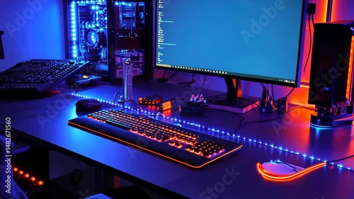 Bright rgb gaming setup with vibrant led lights on desk