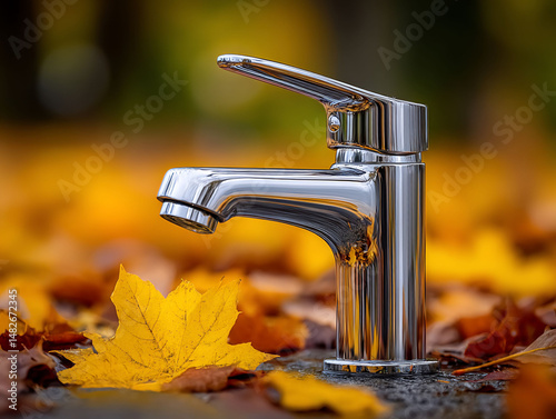 Chrome faucet in autumn leaf litter