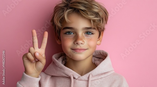Adorable Boy with Freckles Showing Peace Sign Against Pink Background