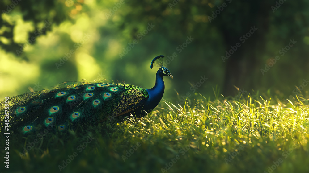 Obraz premium A wild peacock walking through tall grass with shimmering tail feathers blending into its natural surroundings