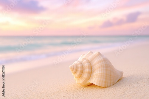 Serene seashell on sandy beach at sunset with vibrant sky and tranquil ocean, summary sea