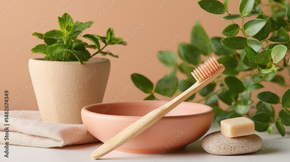 Natural bathroom setting with bamboo toothbrush, soap, and greenery for an eco-friendly routine