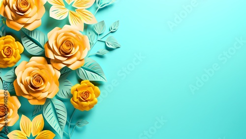 Vibrant 3d paper flowers arrangement with yellow roses and teal background for design