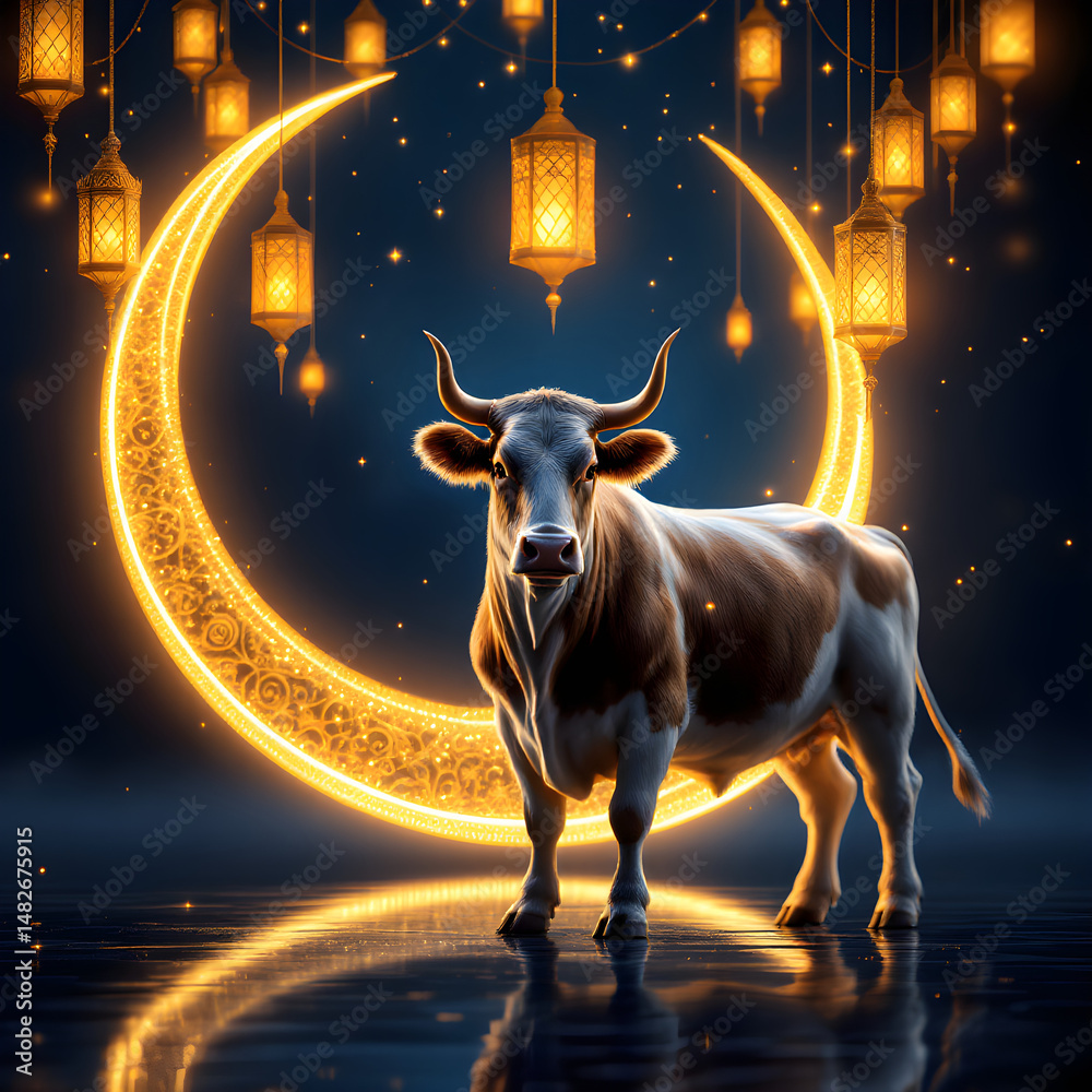 Eid al-Adha themed illustration featuring a glowing crescent moon and a brown and white cow Eid al-Adha themed illustration featuring a glowing crescent moon and a brown and white cow