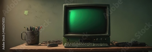 Dusty antique CRT monitor, green phosphor glow, heavy  ,  retro technology,  old,  broken