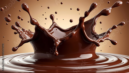 Splashes of liquid chocolate captured in the air on a warm gradient background
