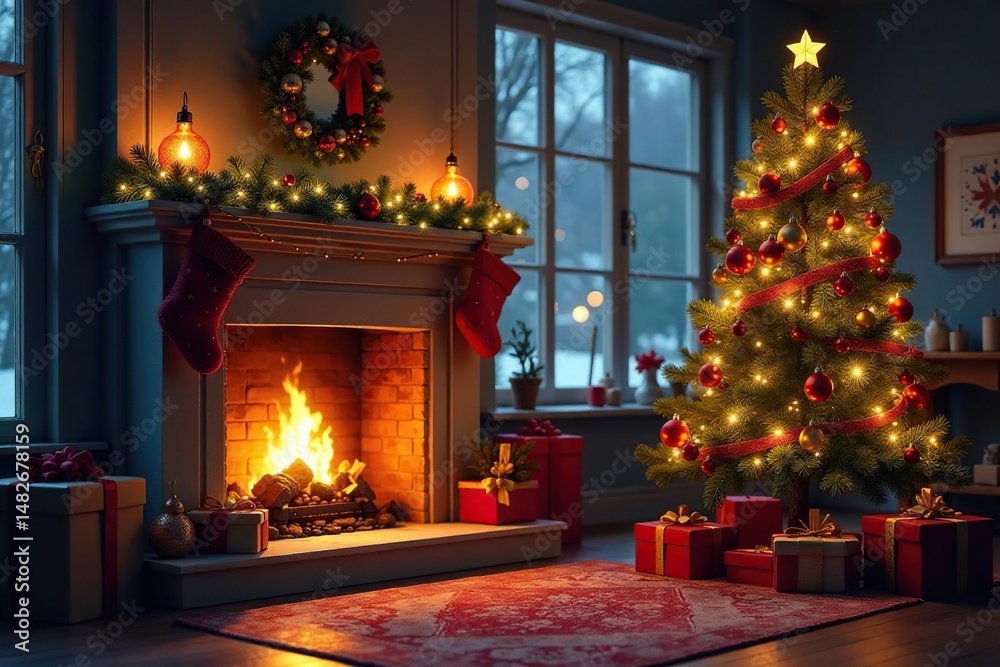 Fototapeta premium Cozy winter holiday scene with a fireplace, ornaments, and a decorated tree , christmas tree, wood, magical