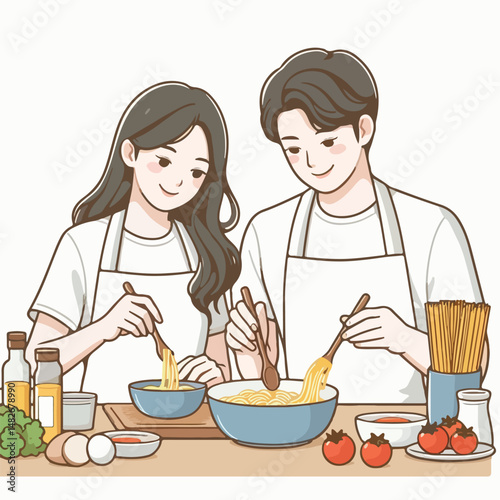 a couple is cooking spaghetti together