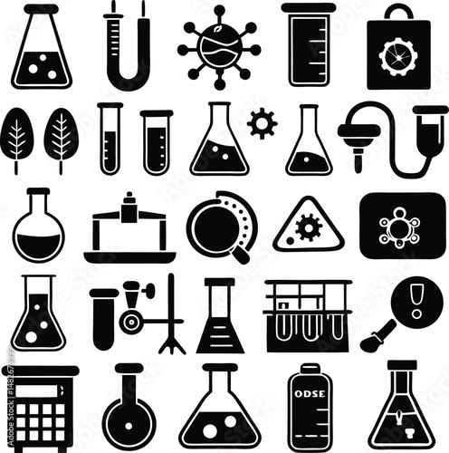 This vector illustration set features science and chemistry icons, including medical symbols, laboratory equipment like a glass bottle, and design elements in a black silhouette pattern
