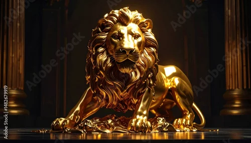 Obraz Golden Lion Statue: A majestic gold lion statue embodies power and regality, its form exuding strength and sophistication. The lion sits proudly.