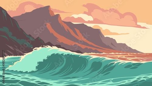 Vector vibrant ocean wave crashes against shore, with majestic mountains in background under colorful sky