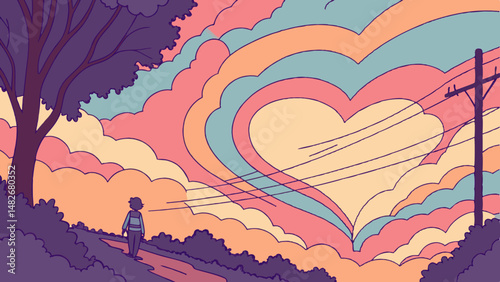 Vector person walking on path under colorful sky with heart shaped clouds, evoking sense of wonder and joy