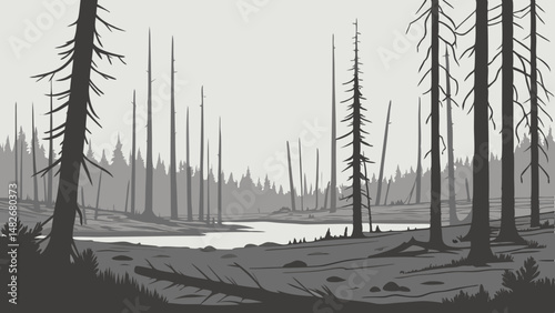 Vector serene landscape depicting charred forest with tall, barren trees and calm water body, evoking sense of stillness