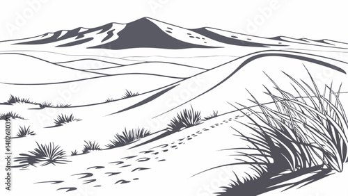 Vector serene desert landscape featuring rolling dunes, distant mountains, and sparse vegetation, evoking sense of tranquility