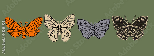 Various colorful Butterflies, moths. Abstract simple shapes. Hand drawn modern Vector illustration. Isolated design elements. Poster, logo, sticker, print, design templates