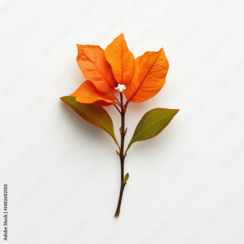 Naklejka premium A single orange bougainvillea flower with curved bracts and white core on white background