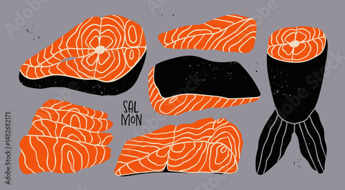 Sliced tasty fresh Salmon. Raw fillet on skin, red fish pieces, sashimi slices, steak, tail. Hand drawn trendy Vector illustration. Unique modern style. Isolated design elements. Healthy food concept