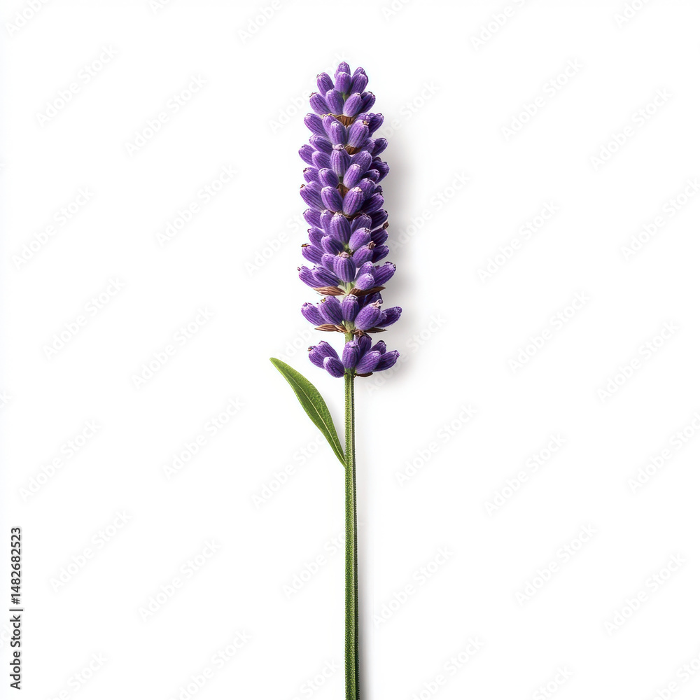 Fototapeta premium Pale purple lavender flower with tightly packed petals on tall stem on white background highlighting elegant form and subtle beauty
