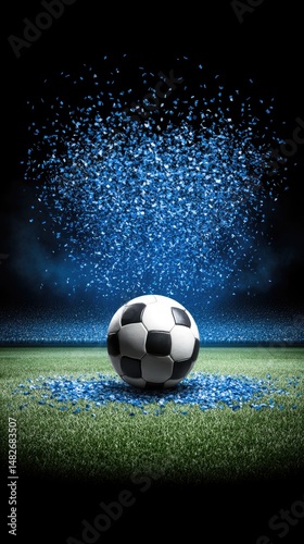 Soccer ball on green grass, surrounded by blue sparkles against a dark background
