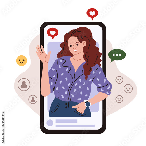 A cute girl waves her hand from the smartphone screen. Communication online. Social media communication. Posting on social media, blogging. Vector illustration in the flat style