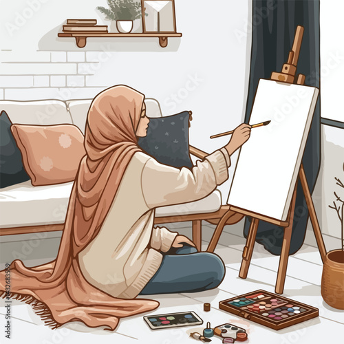 a veiled woman is painting with a graceful appearance