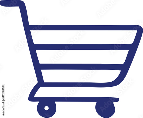 A blue shopping cart icon, isolated on white, represents online retail and e-commerce
