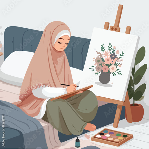 a veiled woman is painting with a graceful appearance