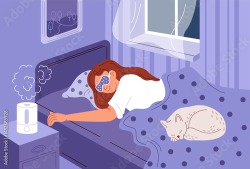 A girl sleeps with a cat in a bedroom with air humidifier. Comfort and coziness in the apartment. Healthy sleep. Vector illustration in flat style isolated on a white background