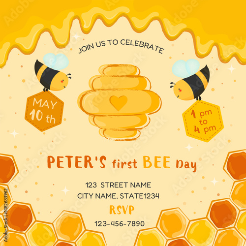 Birthday invitation. With honey, honeycomb and cute bees, template.