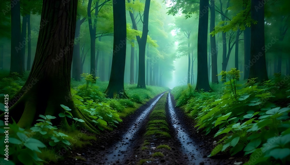 Fototapeta premium Forest Path with Trees and Mist