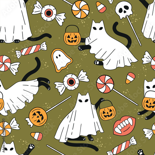 Seamless vector pattern with Halloween black cat ghosts with sweeties. Hand drawn creepy Halloween cat with sweeties. Perfect for wallpaper or fabric print design. EPS 10 vector file.