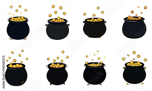 A set of Black cartoon-style pots filled with shiny gold coins, coins overflowing and falling around, white background, bright and cheerful illustration