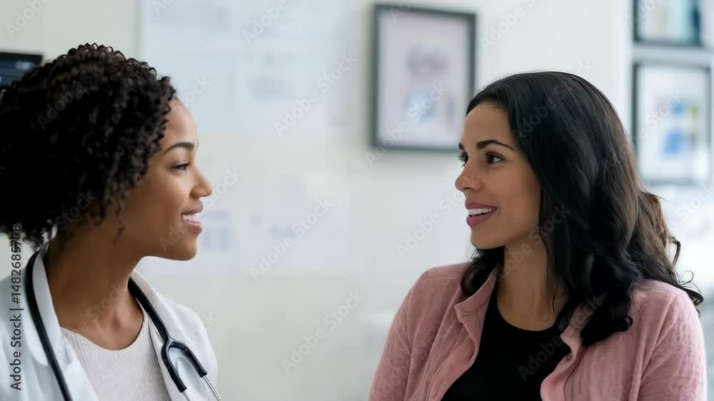 Pregnant woman consulting with a doctor in medical office, discussing healthcare, smiling with medical professional wearing white coat Pregnant woman consulting with a doctor in medical office, discussing healthcare, smiling with medical professional wearing white coat