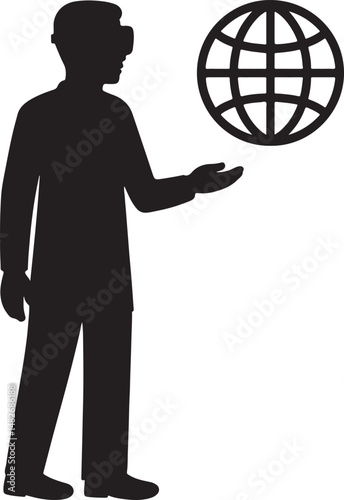 Silhouette vector of a VR world globe, representing virtual reality, global connectivity, technology, digital environment, and immersive experience.