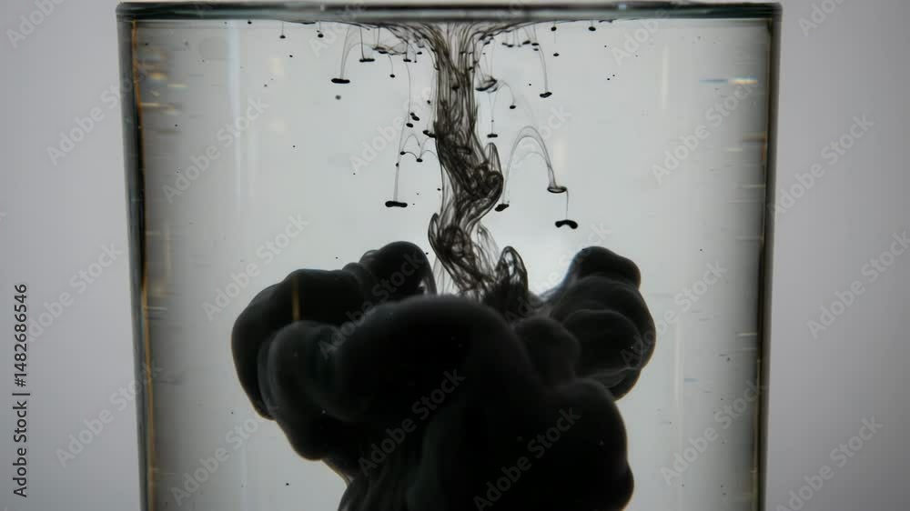 Black ink swirling in water creating abstract patterns in glass  