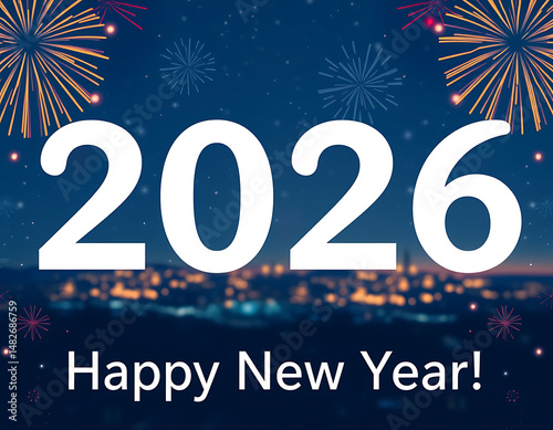 happy new year 2026 greeting card with fireworks over cityscape, future celebration concept