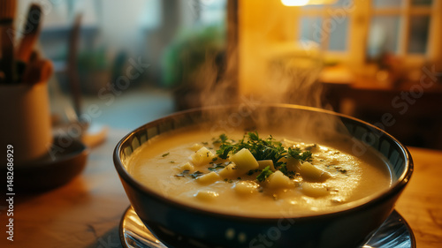 A steaming bowl of creamy leek and potato soup served in a warm cozy home with soft natural lighting