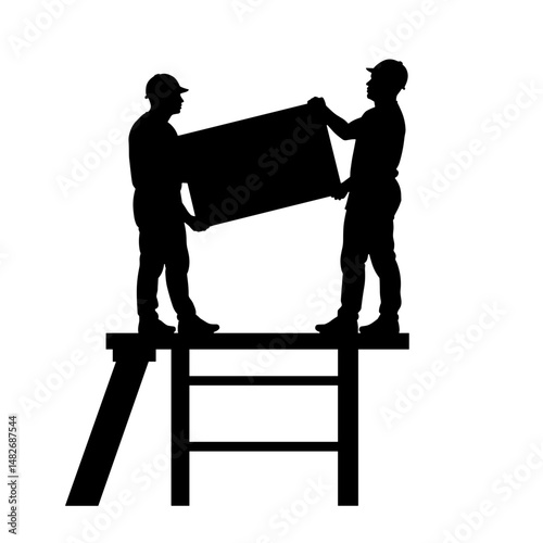 Silhouette of Workers Lifting Panel on Scaffolding, Black and White Assembly Concept