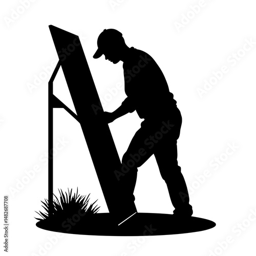 Technician Adjusting Ground-Mounted Panel Silhouette, Precision Alignment and Calibration