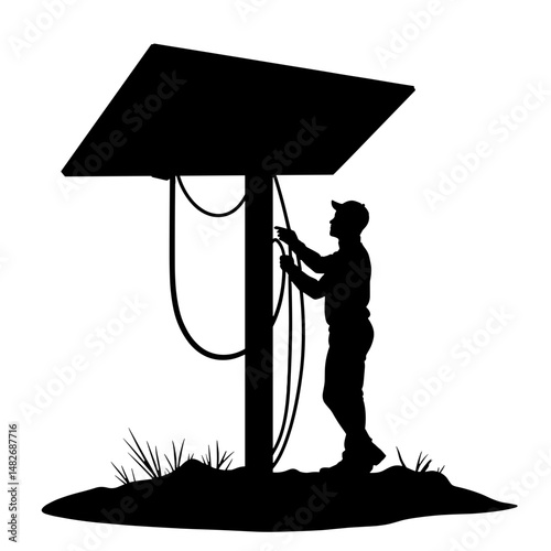 Silhouette of person connecting solar cables beneath panel, black and white illustration, concept of renewable energy installation and setup, electricity generation