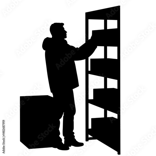 Silhouette of person inspecting cold storage shelf, black and white, logistics and inventory management concept