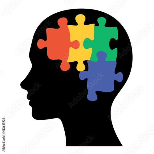 Silhouette of Brain with Colorful Puzzle Pieces, Black and White, Autism Awareness and Neurodiversity Concept