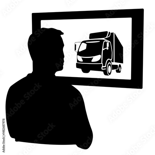Silhouette of Man Viewing Temperature Monitor of Cold Truck, Black and White, Concept of Cold Chain Monitoring and Data Control