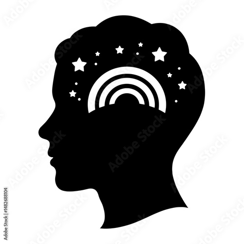 Silhouette of Mind Icon with Stars and Spectrum Wave, Black and White, Symbolizing Autistic Pride and Neurodiversity