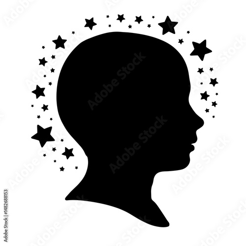 Silhouette of Child's Head with Stars, Black and White on White Background, Symbolizing Autistic Pride and Tranquility
