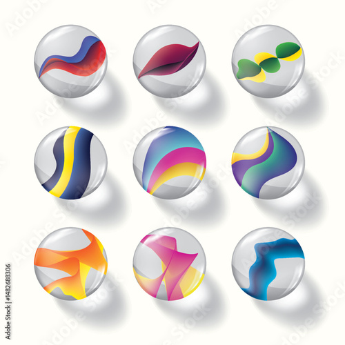 A set of 9 glass marble balls with vibrant abstract patterns, perfect for decorative, playful, or conceptual design use.