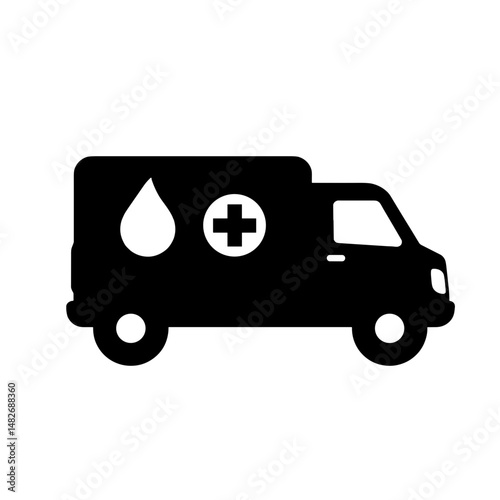 Silhouette of Blood Donation Van with Red Cross, Black and White Illustration for World Blood Donor Day Symbolism and Healthcare Awareness