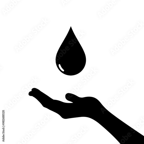 Silhouette of Blood Drop in Open Hand, Black and White, Symbol of Donation and Life, World Blood Donor Day