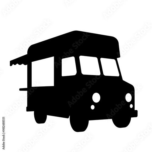 Silhouette of Ice Cream Van with Open Serving Window, Black and White, Street Food and Fairs Icon