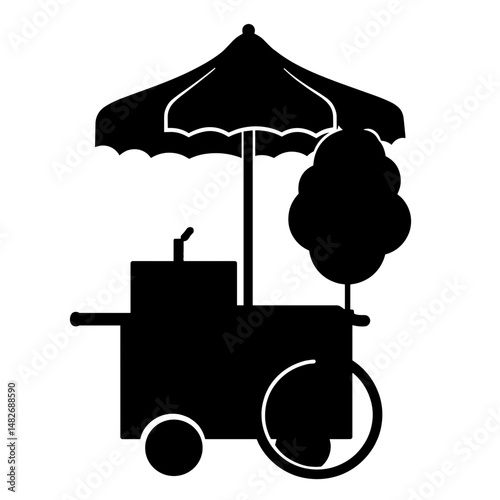 Silhouette of Cotton Candy Cart with Spinning Fluff Icon, Black and White, Street Food Concept